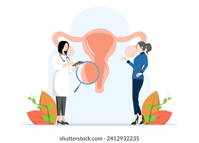 Doctor examines uterus with magnifying glass to treat endometriosis. endometriosis treatment concept, Endometriosis, endometrial dysfunctionality. modern flat vector illustration.