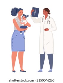 Doctor examines x-ray of bone of small patient during visit. Mother holds child in her arms at appointment to physician. Vector characters flat cartoon illustration. 
