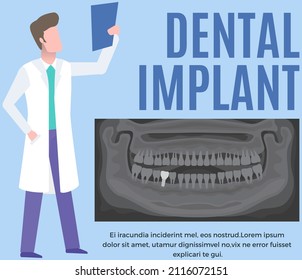 Doctor examines x-ray of human jaw with normal teeth and dental implant. Male radiologist diagnoses tooth after dental procedure. Surgical implant in oral cavity. Radiograph with prosthesis