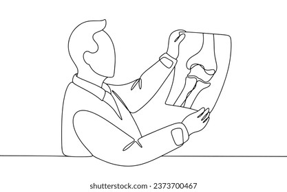 A doctor examines an X-ray of a patient. International Day of Radiology. One line drawing for different uses. Vector illustration.