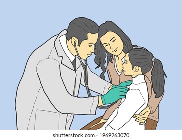 the doctor is examining the child. hand drawn style vector design illustrations.