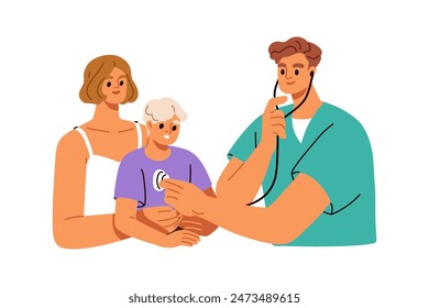 Doctor examining child patient with stethoscope. Mother and kid visiting pediatrician for medical checkup. Pediatric appointment, consultation. Flat vector illustration isolated on white background