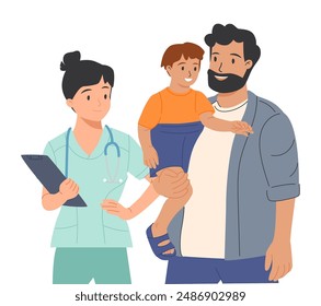 Doctor examining child patient with stethoscope. Father and kid visiting pediatrician for medical checkup. Pediatric appointment, consultation. Flat vector illustration isolated on white background