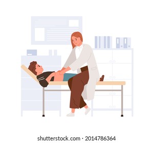 Doctor examining child in pediatric hospital. Pediatrician palpating kid belly. Boy lying on couch at physician s office in modern clinic. Colored flat vector illustration isolated on white background