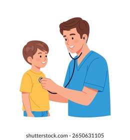 Médico examinando o peito de uma criança com um estetoscópio.  Interação amigável.