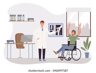 Doctor examining disabled man in hospital vector illustration. Cartoon happy patient with disability sitting in wheelchair, glad to hear good health news about trauma, appointment with traumatologist