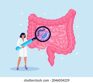 Doctor examining gastrointestinal tract, bowel, digestive system with magnifier. Intestinal inflammation, Enteritis, Colitis, Dysbacteriosis. Intestine health. Gut microorganisms and friendly flora