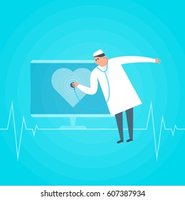 Doctor is examining heartbeat on the monitor screen. Tele medicine flat concept illustration. Cartoon medic with stethoscope listens heart shape. Vector design element.