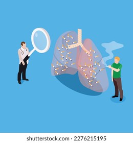 doctor examining huge lungs full of cigarettes 3d isometric vector illustration concept for banner, website, landing page, ads, flyer template3d isometric vector illustration concept for banner, websi