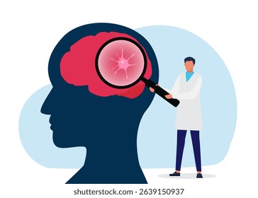 Doctor Examining Human Brain With Magnifying Glass. Close-up Of Brain With Nerve Cell. Researching Neurological Diseases stock illustration