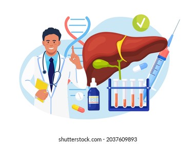 Doctor Examining Human Liver For Hepatitis, Cancer, Cirrhosis. Physician Near Lab Blood Samples And Pills.Medical Laboratory Research, Diagnosis And Treatment Of Internal Organ. Vector Illustration