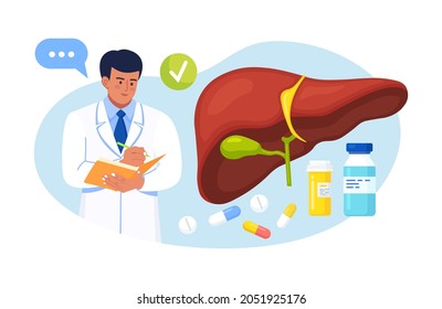 Doctor examining human liver for hepatitis, cancer, cirrhosis. Physician writing results of liver checkup. Medical laboratory research, diagnosis and treatment of internal organ. Vector illustration