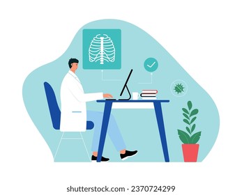 Doctor examining human rib cage, reading x-ray results on computer, medicine vector illustration.