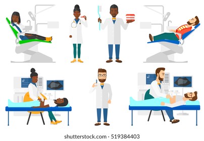 Doctor examining internal organs of patient on ultrasound. Doctor working on ultrasound equipment. Doctor using ultrasound machine. Set of vector flat design illustrations isolated on white background