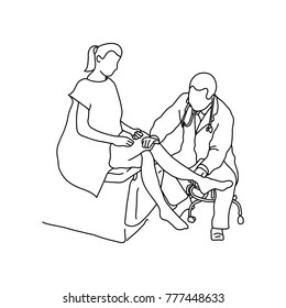 Doctor examining knee joint of female patient with hand vector illustration outline sketch hand drawn with black lines isolated on white background