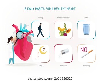 Doctor examining a large anatomical human heart with a magnifying glass, surrounded by icons depicting healthy habits like walking, fruits, vegetables, and water