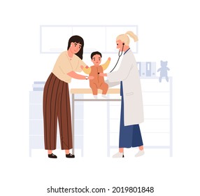 Doctor examining and listening child with stethoscope. Mother with baby at medical appointment at pediatrician office in hospital. Flat vector illustration of kid checkup isolated on white background