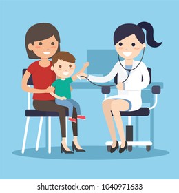 Doctor Examining listens to breathing statoscope Measure body temperature.kid who sits in on her mother's lap. Vector illustration Isolated on white background.