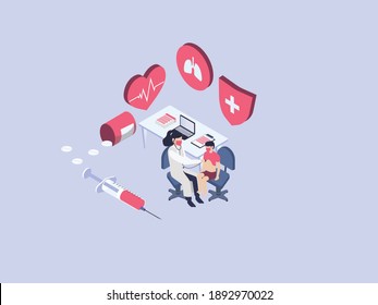 Doctor examining a little boy by stethoscope while wearing face mask. Isometric vector concept