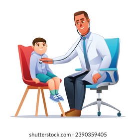 Doctor examinando a un niño pequeño con un estetoscopio en la oficina de un pediatra. Ilustración del personaje de dibujos animados