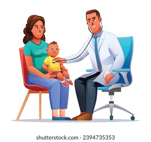 Doctor examinando a un niño que se sienta en el regazo de su madre por estetoscopio. Ilustración del personaje de dibujos animados