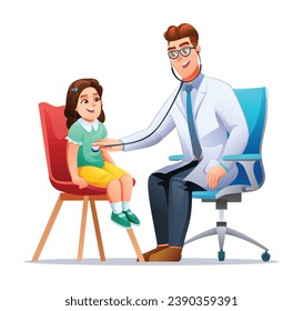 Doctor examinando a una niña pequeña con estetoscopio en el consultorio pediatra. Ilustración del personaje de dibujos animados