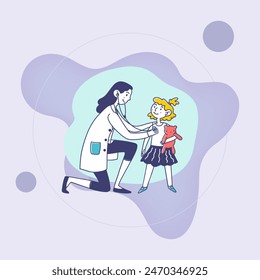 Doctor examining little patient. Toddler girl with toy visiting practitioner flat vector illustration. Childhood, health, examination concept for banner, website design or landing web page