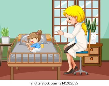 Doctor Examining Little Sick Girl Illustration