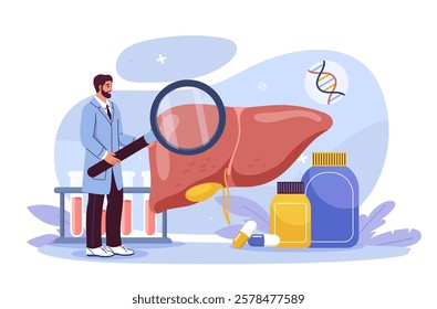 Doctor examining a liver with a magnifying glass, surrounded by medicine bottles and test tubes, on a light background. Medical research and health care. Vector illustration