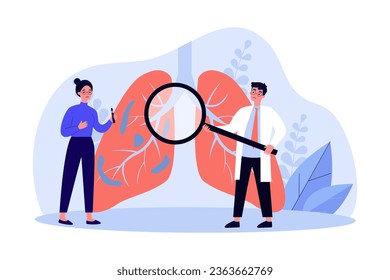 Médico examinando pulmones de la ilustración vectorial del paciente en vapor. Dibujo de profesional médico con amplificador, mujer con enfermedad respiratoria sosteniendo la vid. Salud, tabaco o vaporización, concepto de adicción