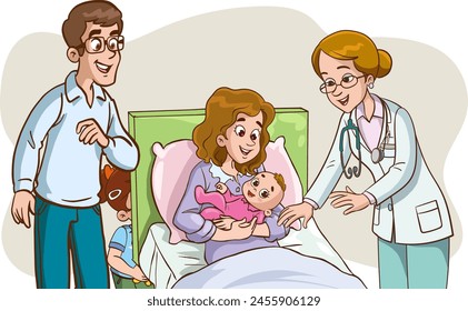 Doctor examining a newborn mother and her baby.Vector illustration of newly born mother and father visiting her baby