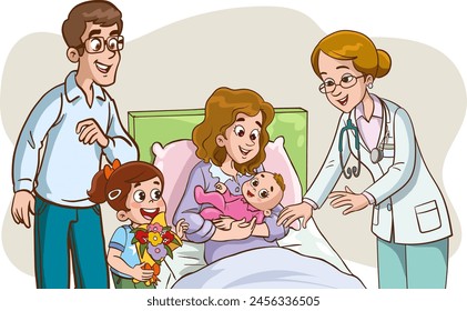 Doctor examining a newborn mother and her baby.Vector illustration of newly born mother and father visiting her baby