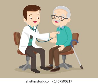 doctor examining old patient.Doctor listening to chest of patient with stethoscope. Adult patient visiting doctor. Doctor examining chest of a grandparent.