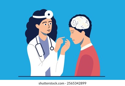 Doctor examining patient with a bandaged brain. Mental health, brain health, neurology, psychology, psychiatry, brain injury, dementia, healthcare, medicine, treatment, diagnosis, patient care.