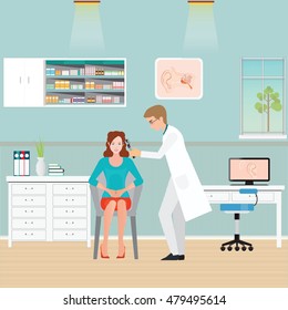 Doctor examining Patient ear with Otoscope , nose and throat clinic,office interior medical health care flat design vector illustration.