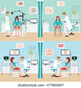 Doctor Examining Patient With Endoscope And  Phoropter, Ophthalmic Testing Device Machine, Otoscope  , Ear, Nose And Throat Clinic,office Interior Medical Health Care Vector Illustration.