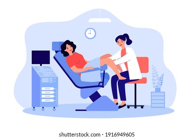 Doctor Examining Patient In Gynecological Chair. Woman Visiting Doctor For Cervix Checkup Screening. Flat Vector Illustration For Gynecology, Obstetrics, Medical Examination Concept