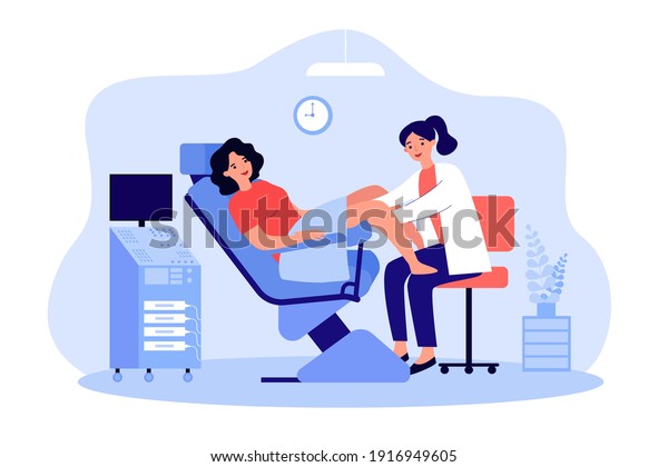 Doctor examining
patient in gynecological chair. Woman visiting doctor for cervix
checkup screening. Flat vector illustration for gynecology,
obstetrics, medical examination
concept