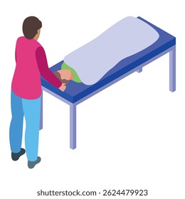 Doctor is examining a patient lying on a medical bed covered with a blanket in hospital ward