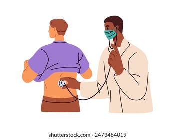 Doctor examining patient. Medical checkup, treatment. Physician listening with stethoscope during appointment. Practitioner examination, check. Flat vector illustration isolated on white background