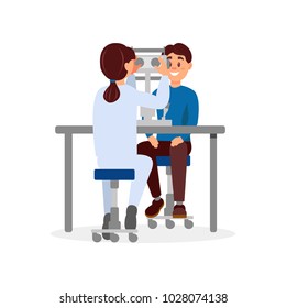 Doctor examining patient s eyesight using professional ophthalmological equipment. Medical service. Healthcare and treatment. Modern technologies. Flat vector design