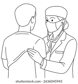 Doctor examining a patient with a stethoscope. Line art illustration of medical check-up, physician listening to lungs or heart. Healthcare, diagnosis, and consultation concept
