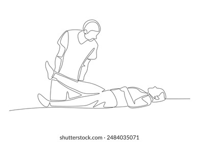 Doctor examining patient while lying down. Care jobs concept one-line drawing