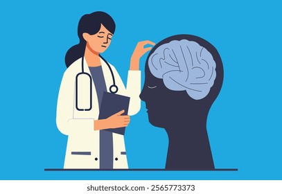 A doctor examining a patient's brain, symbolizing mental health care and psychological well-being. Ideal for mental health awareness campaigns and healthcare-related content.