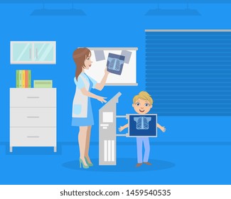 Doctor Examining Patients Chest Using X ray Machine for Diagnosis, Radiologist Consulting Boy in Medical Office Vector Illustration
