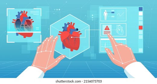 Doctor examining a patient's heart and electronic medical records in the metaverse virtual reality, innovative medicine concept