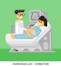 
Doctor examining a pregnant machine scanner. Vector illustration