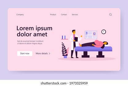 Doctor with examining pregnant woman. Hospital, consultation, gynecologist flat vector illustration. Motherhood and pregnancy concept for banner, website design or landing web page