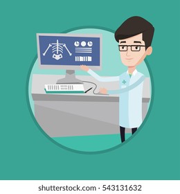 Doctor examining a radiograph. Doctor looking at a chest radiograph on computer screen. Doctor observing a skeleton radiograph. Vector flat design illustration in the circle isolated on background.