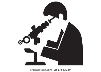 Doctor examining a sample through a microscope silhouette vector icon on a white background.